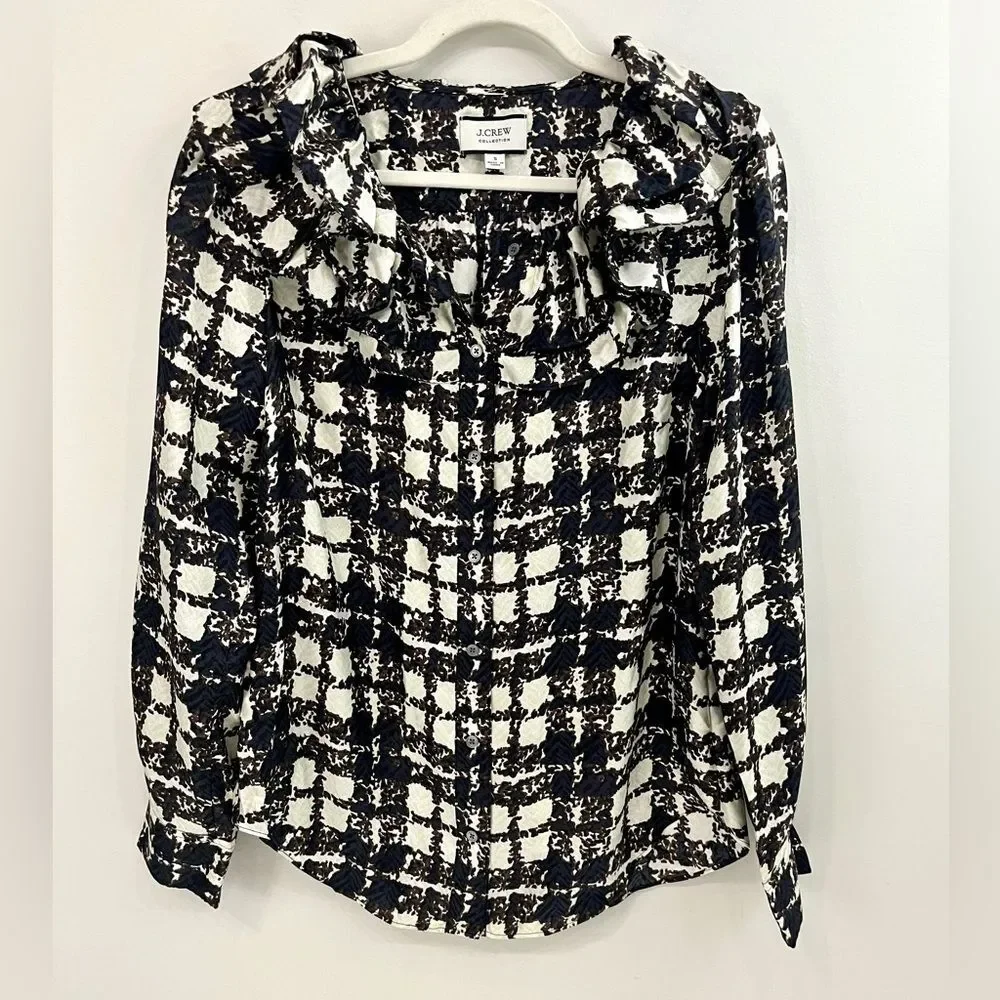 J. Crew Collection 100% Silk Twill Ruffle-Collar Long Sleeve Top Size S